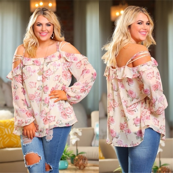 SKYE by INFINITY RAINE Tops - PLUS Cream Floral Chiffon Cold Shoulder Top